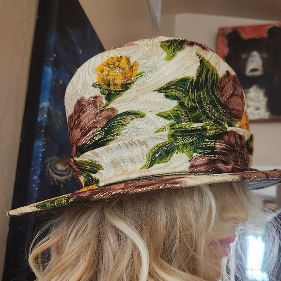60's Vtg Union Made Cream Floral Shabby Lurex Quirky Spring Garden Church Hat - Picture 16 of 16